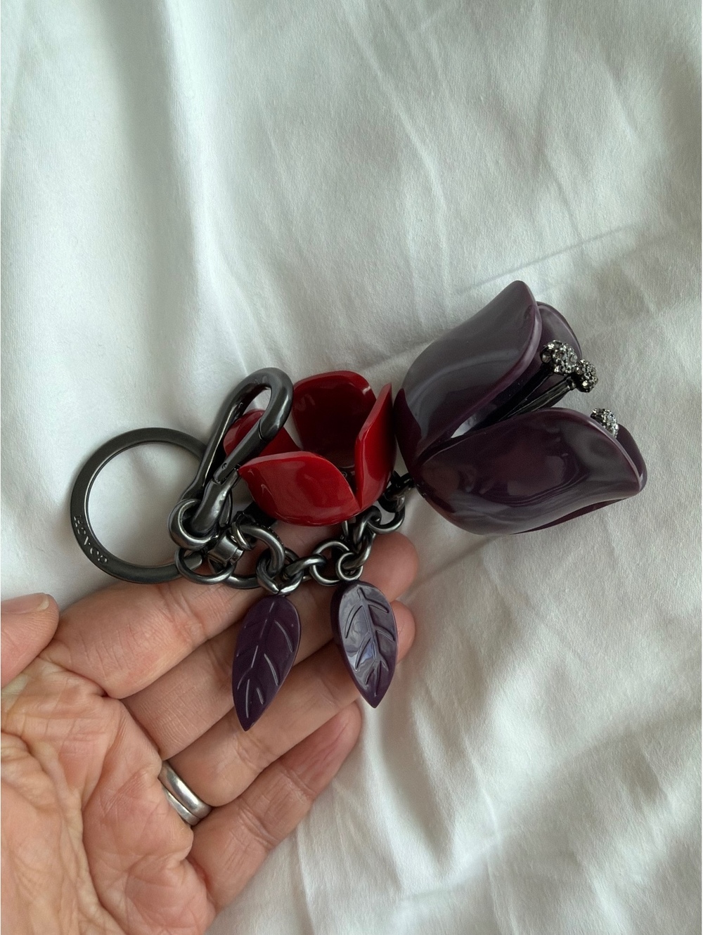 Coach Resin Tea Rose Tulip Bag Charm Keychain Discontinued Purple Red Gunmetal - Picture 5 of 5